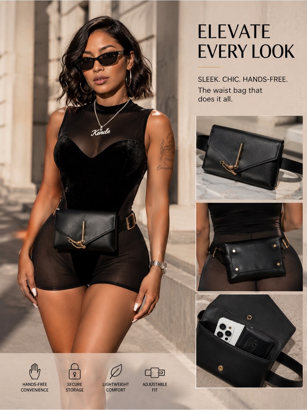 Black Leather Crossbody Waist Bag — Hands-Free Belt Pouch